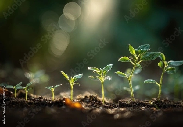 Fototapeta Five young seedlings in rich soil, backlit by soft sunlight, showing stages of growth against a blurred green background