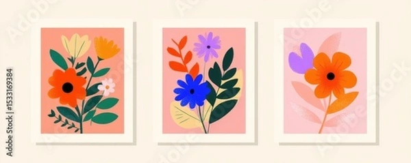 Fototapeta Three stylized floral prints, featuring bold colors and simplified forms on a soft pink background