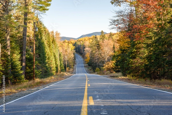 Fototapeta Deserted mountain road through a forest in sunset light in autumn