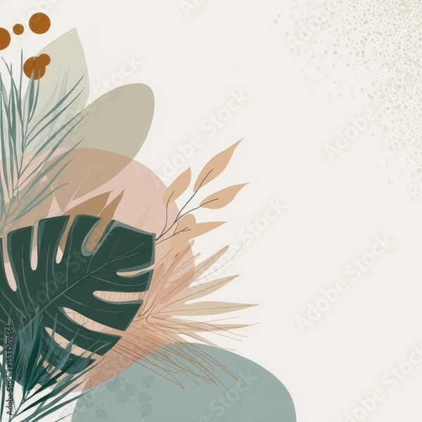 Fototapeta Abstract corner design featuring tropical leaves, muted earth tones, and organic shapes on a white background