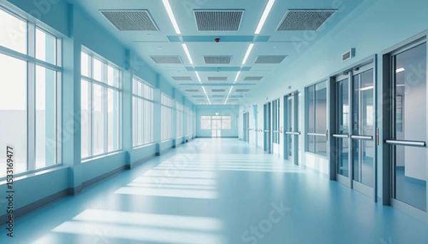 Fototapeta Bright modern corridor with light blue walls, glass doors, and structured natural illumination