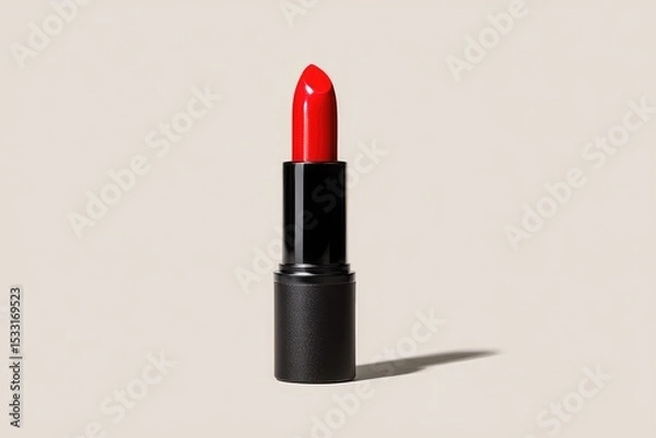 Fototapeta A single, vibrant red lipstick in a matte black tube casts a subtle shadow against a neutral backdrop