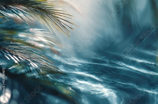 Fototapeta Dreamy teal water reflects blurred palm fronds, sunlight gleaming on rippling surface, creating an ethereal, tropical scene