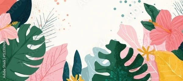 Fototapeta Vibrant tropical leaves and hibiscus flowers frame a white background with scattered dots; a stylized, illustrative design