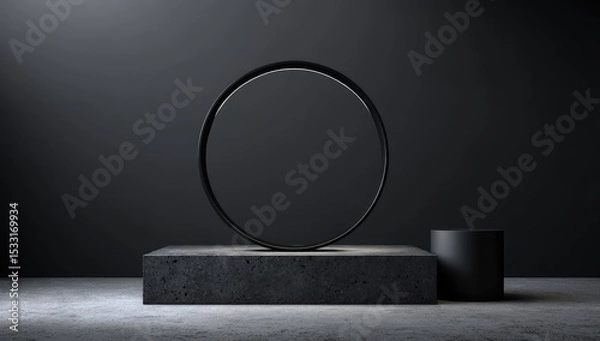 Fototapeta Dark studio shot of a minimalist scene featuring a black circular frame atop a concrete platform, accompanied by a small cylindrical object