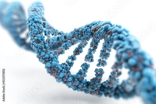 Fototapeta A detailed 3D rendering of a DNA double helix, composed of light and dark blue spheres, against a white background