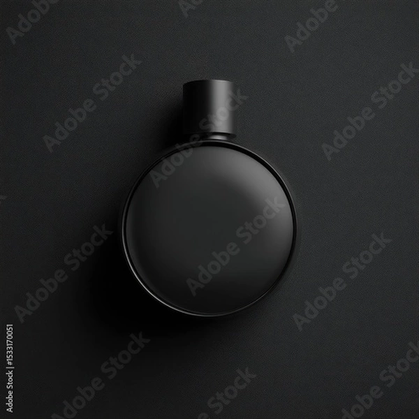 Fototapeta A matte black, round perfume bottle with a simple cap sits centrally on a dark background
