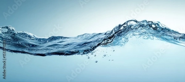 Fototapeta Crystal-clear water wave with air bubbles, flowing smoothly against a light blue backdrop