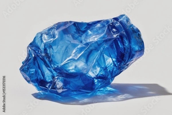 Fototapeta An irregularly shaped, translucent blue glass sculpture rests on a light gray surface, casting a subtle shadow; its surface exhibits folds and wrinkles