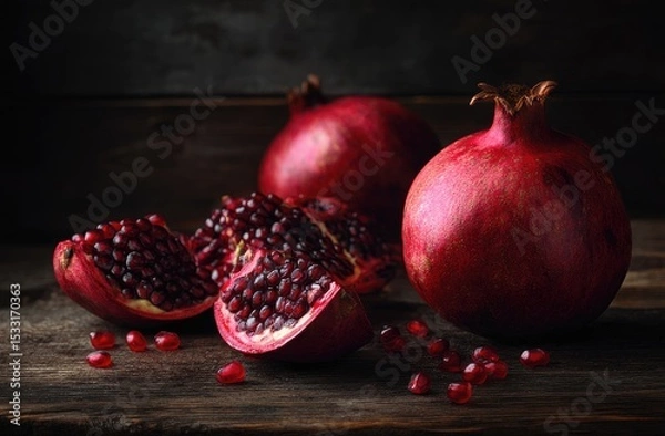 Fototapeta Two whole pomegranates and several cut sections revealing vibrant red arils, artfully arranged on a dark wooden surface, low-key lighting