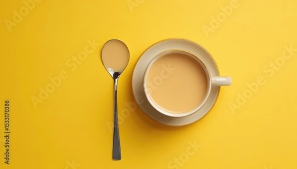 Fototapeta Overhead shot of a beige teacup and saucer with a creamy beverage, accompanied by a spoon with a dribble of liquid, all set against a vibrant yellow background