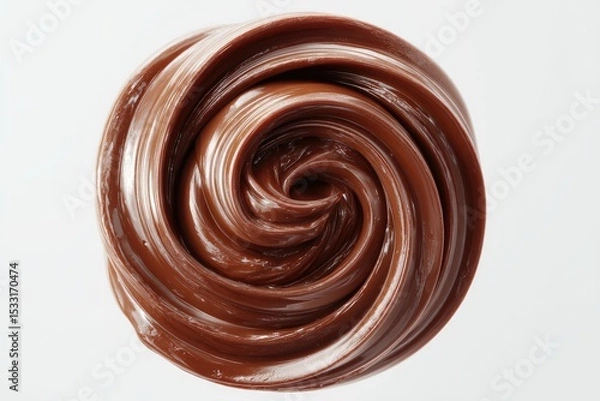 Fototapeta Swirled, rich brown chocolate topping, viscous and glossy, creates a mesmerizing spiral pattern against a stark white backdrop
