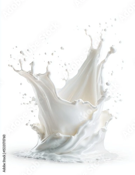 Fototapeta A dynamic splash of creamy white liquid, frozen mid-air against a stark white background, showcasing its texture and fluidity