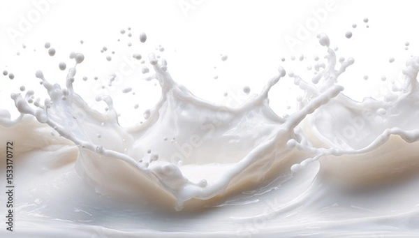 Fototapeta Dynamic white liquid splash against a stark white background, showcasing texture and movement in a vibrant, high-contrast composition