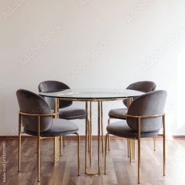 Fototapeta Glass-topped round dining table with four grey velvet chairs on gold metal frames, minimalist setting