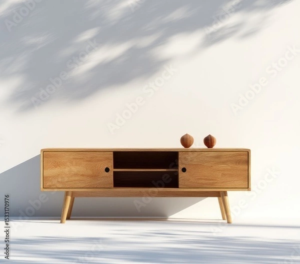 Fototapeta Light wood mid-century modern media console with two doors, a shelf, and tapered legs sits against a white wall dappled with shade