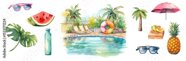 Fototapeta Watercolor pool party clipart with summer elements: swimming pool, tropical fruits, sunglasses, palm trees, and inflatable rings. Perfect for summer designs.