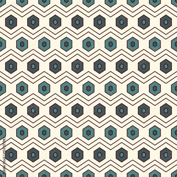 Fototapeta Zigzag seamless pattern. Hexagon mosaic tiles ornament. Ethnic surface print. Repeated geometric figures background. Ornamental wallpaper. Modern geo design digital paper. Vector abstract art