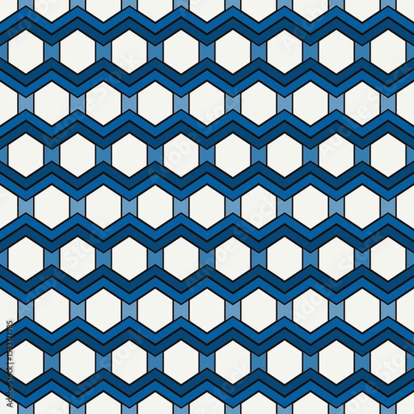Fototapeta Zigzag seamless pattern. Hexagon mosaic tiles ornament. Ethnic surface print. Repeated geometric figures background. Ornamental wallpaper. Modern geo design digital paper. Vector abstract art