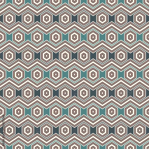 Fototapeta Zigzag seamless pattern. Hexagon mosaic tiles ornament. Ethnic surface print. Repeated geometric figures background. Ornamental wallpaper. Modern geo design digital paper. Vector abstract art
