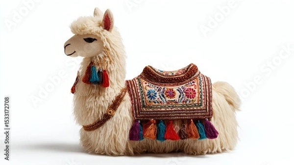 Fototapeta Adorable stuffed alpaca with ornate saddle featuring colorful embroidery and tassels, radiating charm and craftmanship.