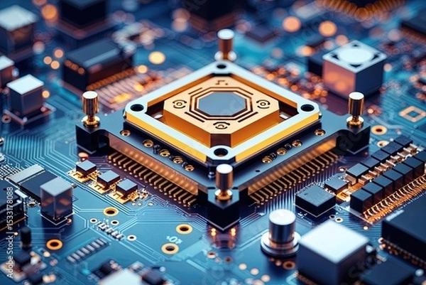Fototapeta 3D Visualization of Quantum Computing Components on a Circuit Board for Technology Innovation