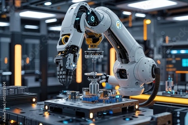Fototapeta Advanced Robotic Arm Assembling Parts in a High-Tech 3D Workstation Environment