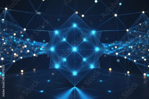 Fototapeta Illuminated Digital Universe with Geometric Patterns in Deep Blue and Sparkling Dots