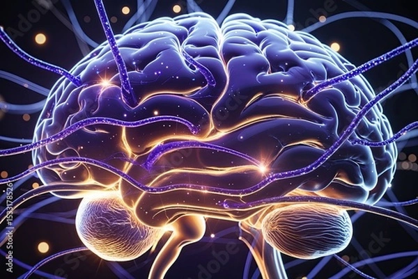 Fototapeta Sleek Brain Design with Sapphire Neural Wires and Shimmering Nodes for Enhanced Visualization