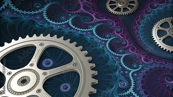 Fototapeta Close up of silver gears with intricate fractal patterns in shades of blue and purple background art