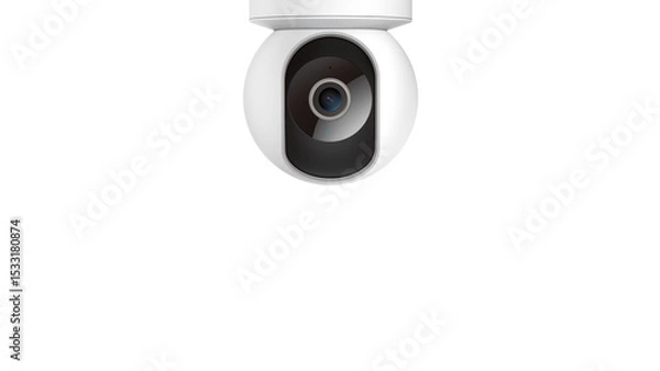 Obraz Front view of white ceiling security camera, isolated on copy-space background.