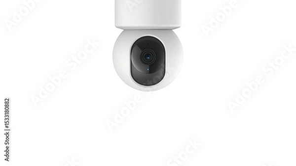 Fototapeta Front view of white ceiling security camera, isolated on copy-space background.