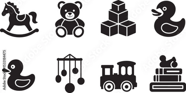 Obraz Vector icons of cute baby toys in simple black and white silhouettes