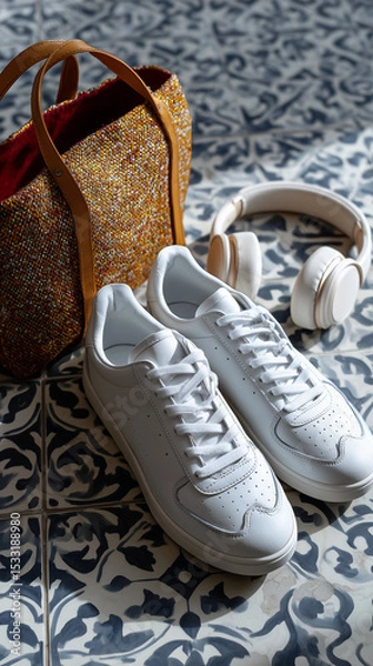 Fototapeta Pair of white sneakers, headphones and handbag illuminated by sunlight on a patterned tiled floor, composing a stylish and modern flat lay