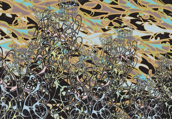 Fototapeta Ornamental floral and butterfly motifs for prints on T-shirts or interior solutions. Chaotic hawaiian elements for business concepts, covers, scrapbooking, fabrics, tiles, textiles and posters, etc.