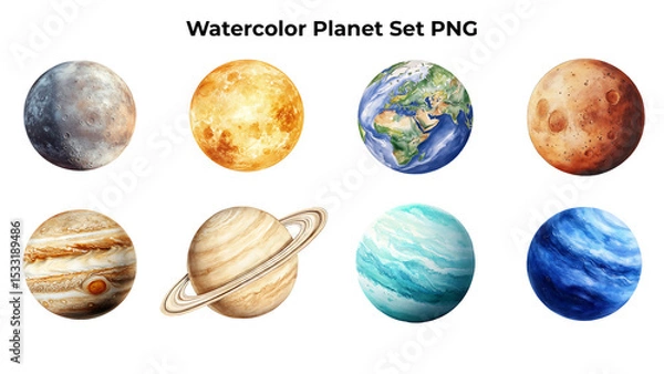 Fototapeta A set of watercolor planet on transparent background PNG
