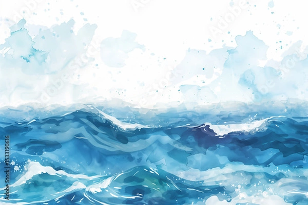 Obraz Vagues océaniques dynamiques en aquarelle bleue sur fond blanc, évocation poétique de la mer et de la nature fluide
