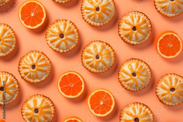 Obraz Vue flat lay de petites tartes à l’orange et de demi-oranges fraîches alignées en motif régulier sur fond pêche