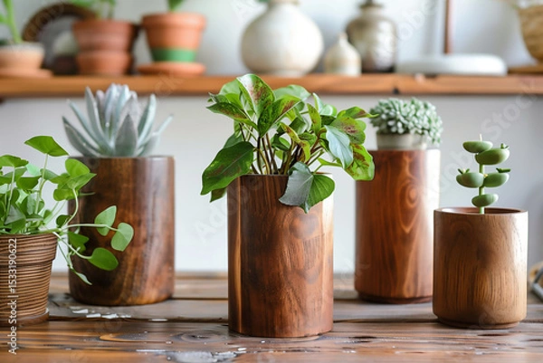 Obraz Plantes vertes variées dans des cache-pots cylindriques en bois naturel alignés sur une table rustique dans un intérieur lumineux au style épuré
