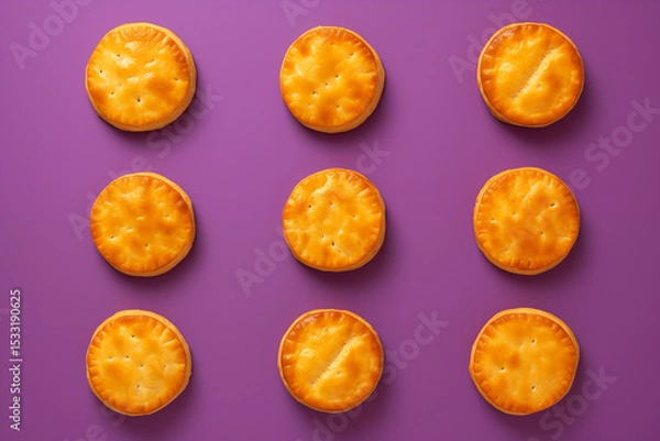 Obraz Vue en plongée de neuf tourtes de pommes de terre dorées à la croûte brillante, soigneusement alignées sur un fond violet uni pour une composition graphique et appétissante — Ruddy Potato Pies
