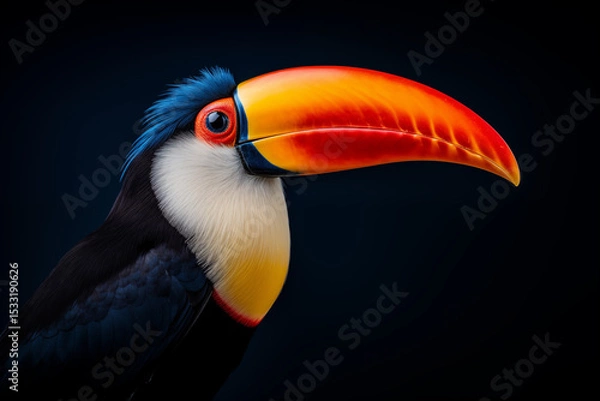 Obraz  Gros plan d’un toucan coloré sur fond sombre, mettant en valeur son large bec orange vif et son plumage contrasté, composition animalière esthétique et exotique