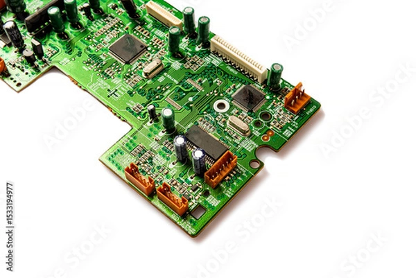 Fototapeta Electronic board with radio components, connectors, slots and processor chip from an electronic device, close-up top view. Copy space