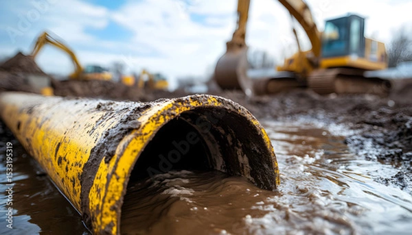 Obraz Yellow pipe discharges muddy water into puddle. Construction machinery operates in background under clear blue sky. Dirtied water outflow from