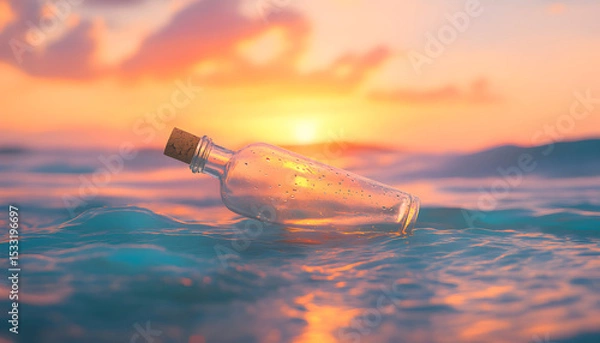 Obraz Empty glass bottle floats in ocean waves at sunset. Corked transparent bottle in sea water. Idea of message, lost at sea, castaway concept. Romantic vacation, travel to tropical island at blue ocean