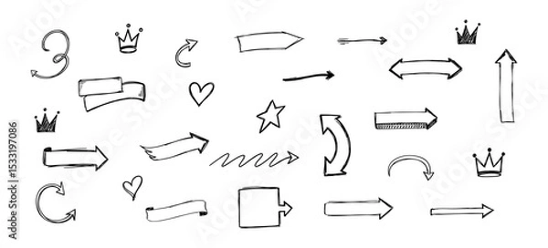 Obraz Hand-Drawn Arrows, Crowns, Heart, and Stars Sketch Set on White Background
