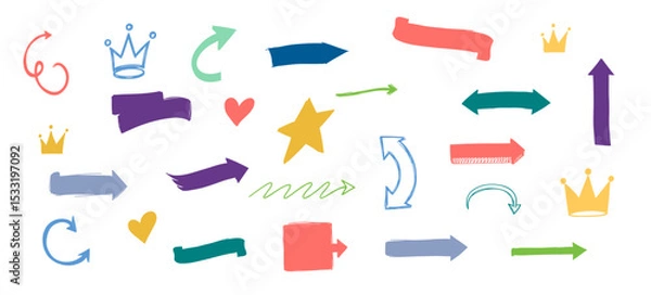 Obraz Collection of Sketchy Arrows, Hearts, Crowns and Banners in Varied Shapes and Colors Isolated on White
