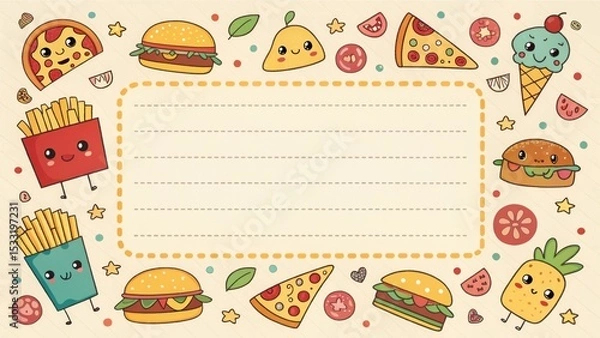 Fototapeta Cartoon pizza, burger, fries pattern frame, fun style.