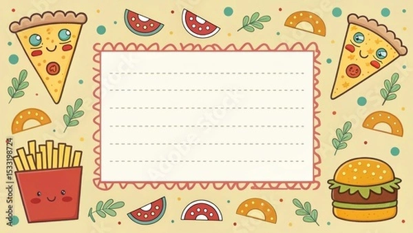 Fototapeta Cartoon pizza, burger, fries pattern frame, fun style.