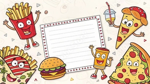 Fototapeta Cartoon pizza, burger, fries pattern frame, fun style.