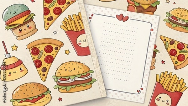Fototapeta Cartoon pizza, burger, fries pattern frame, fun style.
